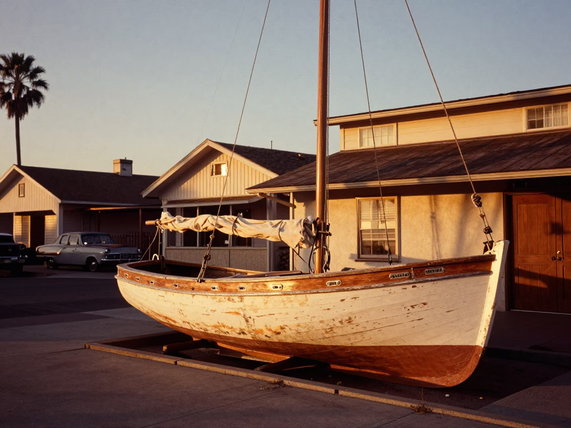 Vintage 1960s San Diego Evening Street Scene with Wooden Sailboat and Mailbox in in San Diego, California, United States