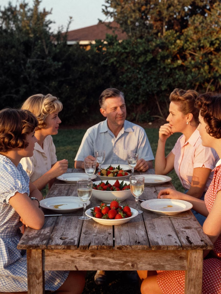 Vintage 1960s San Diego Family Dinner with Fresh Strawberries and Potted Herbs in in San Diego, California, United States