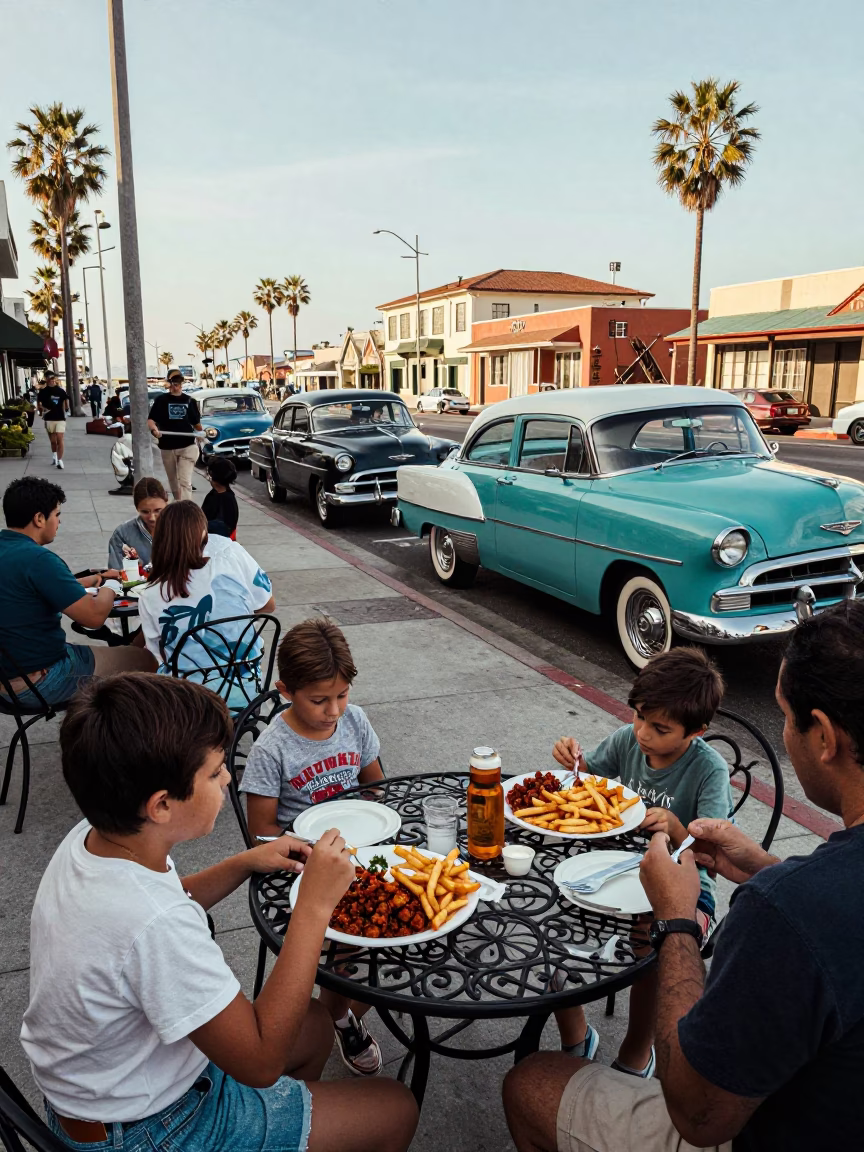 Vintage 1960s San Diego Harbor Street Scene with Classic Cars and Lomo Saltado Lunch in in San Diego, California, United States