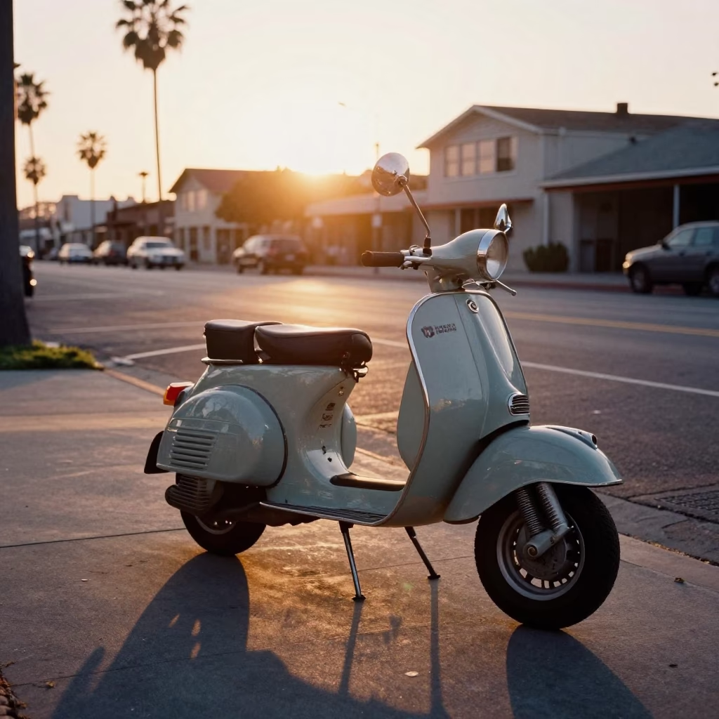 Vintage 1960s San Diego Harbor Sunset with Parked Scooter and Ocean Views in in San Diego, California, United States