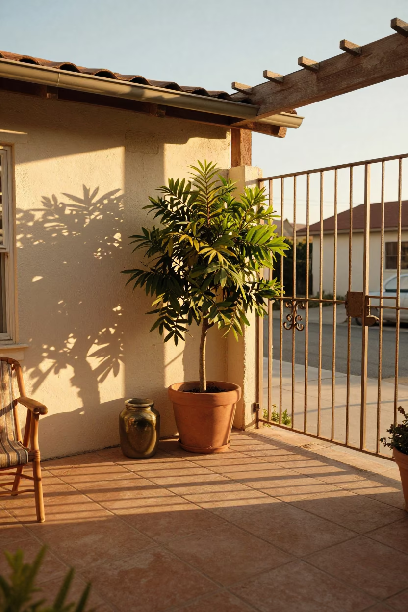 Vintage 1960s San Diego Patio with Houseplant and Jar in Honeyed Evening Light in in San Diego, California, United States