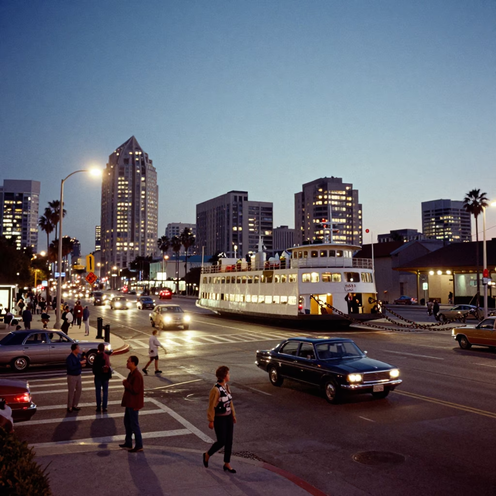 Vintage 1960s San Diego Street Scene with Chain Ferry and City Lights in in San Diego, California, United States