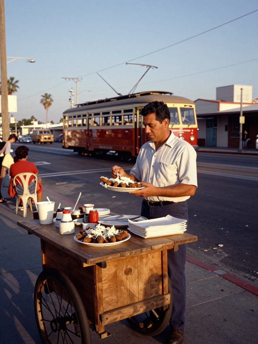 Vintage 1960s San Diego Street Scene with Elote and Funicular Cliffside Restaurant in in San Diego, California, United States