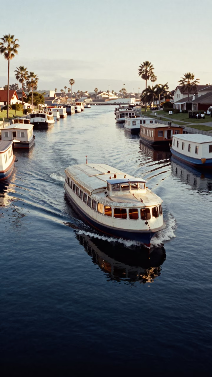 Vintage 1960s San Diego Water Taxi Navigating Canal Houseboats in Morning Light in in San Diego, California, United States