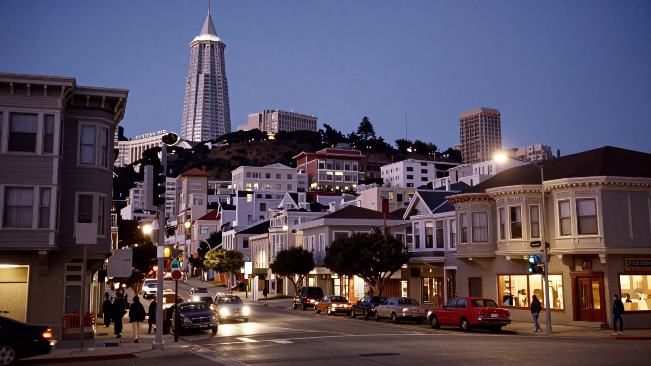Vintage 1960s San Francisco Evening Street Scene with Clear Glass Rim Detail in in San Francisco, California, United States