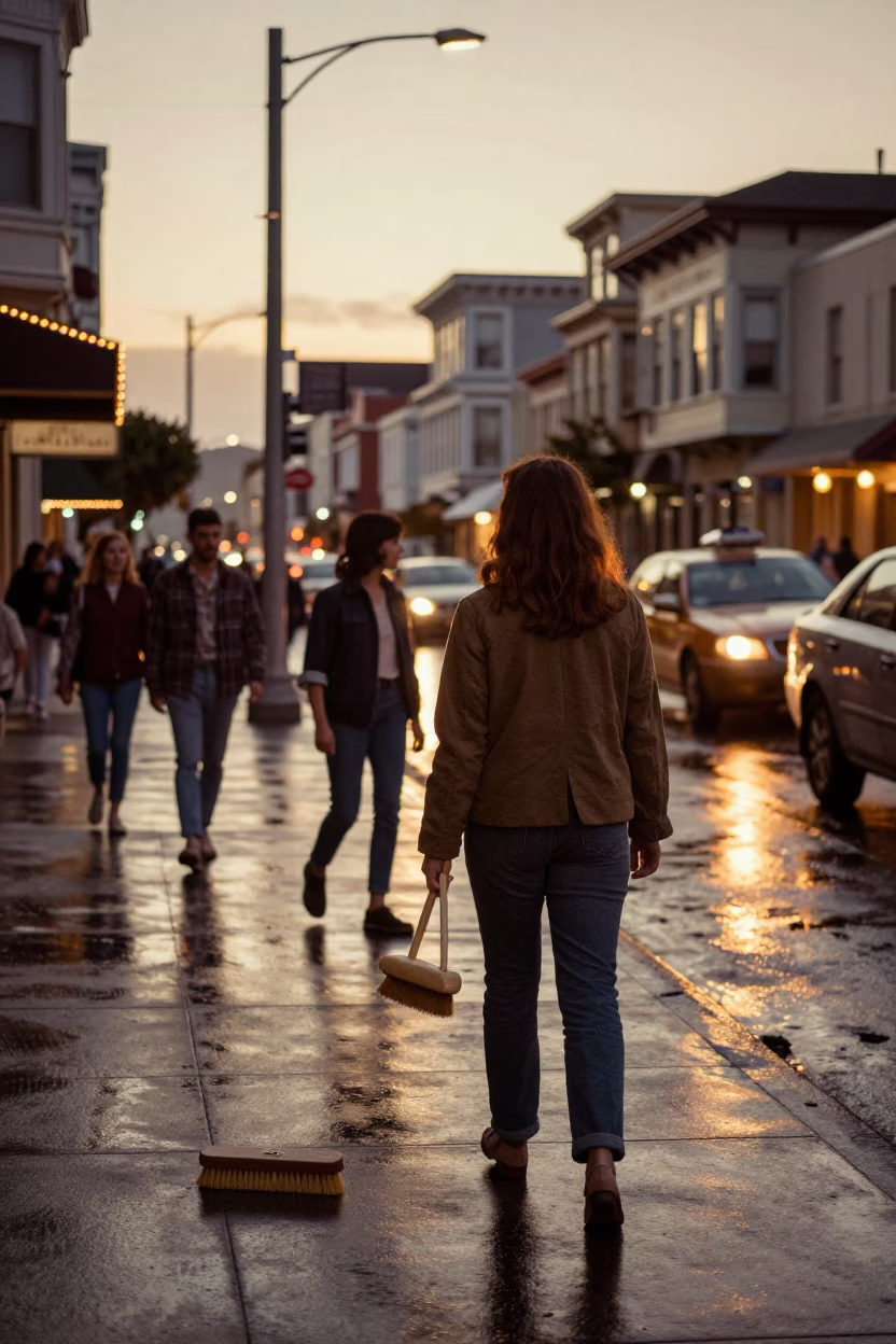 Vintage 1960s San Francisco Evening Street Scene with Shoe Brush and Pedestrians in in San Francisco, California, United States