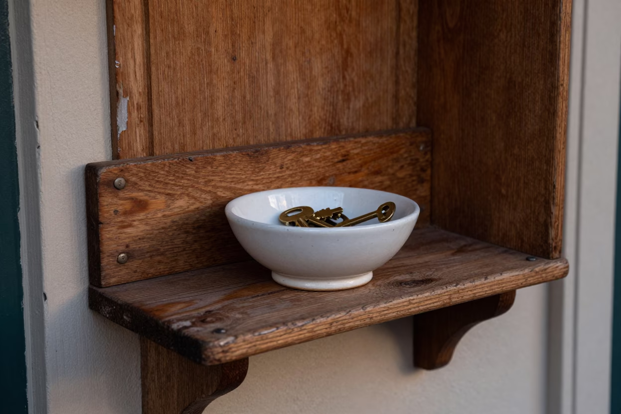 Vintage 1960s San Francisco Key Bowl on Wooden Entryway Shelf by Window in in San Francisco, California, United States