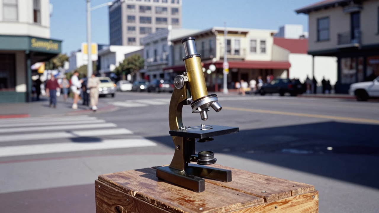 Vintage 1960s San Francisco Street Scene with Antique Microscope and Brass Details in in San Francisco, California, United States
