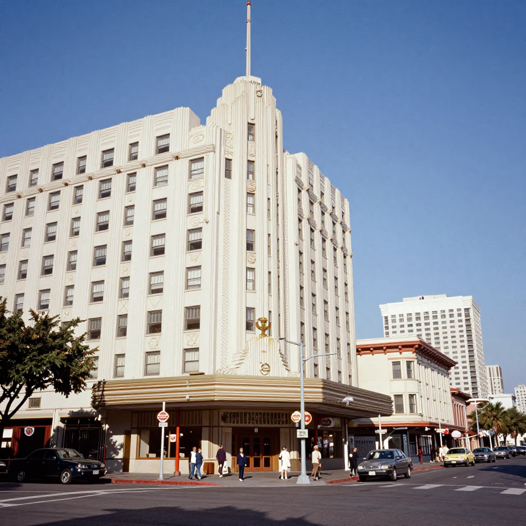 Vintage 1960s San Francisco Street Scene with Art Deco Hotel Facade and Tram Stop in in San Francisco, California, United States