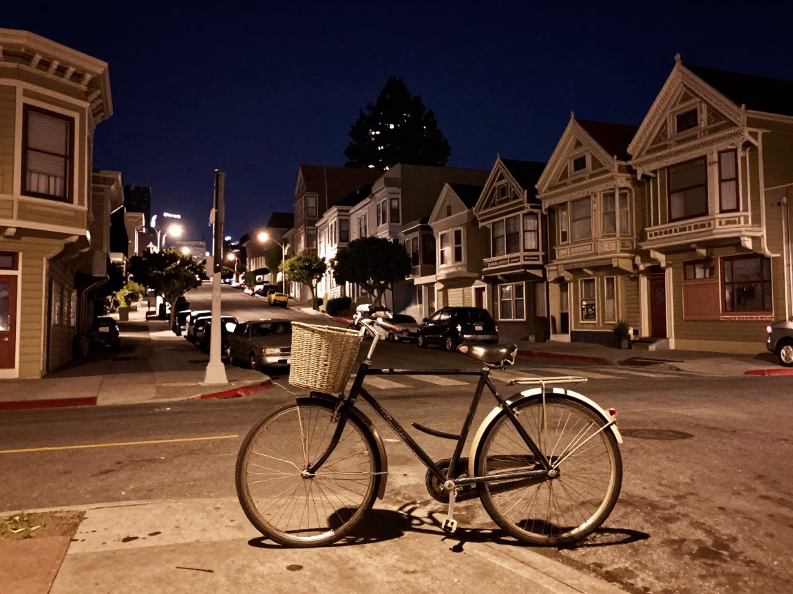 Vintage 1960s San Francisco Street Scene with Bicycle Basket Under Night Sky in in San Francisco, California, United States