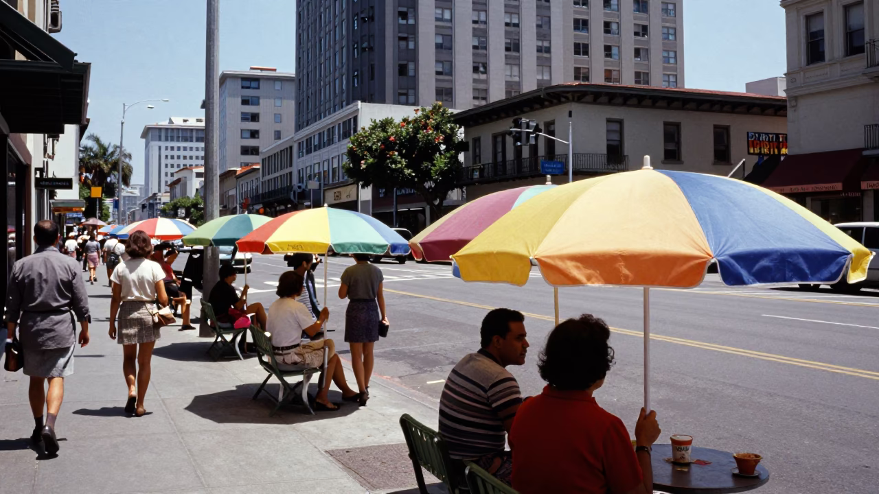 Vintage 1960s San Francisco Street Scene with Colorful Umbrellas and Commuter Train in in San Francisco, California, United States