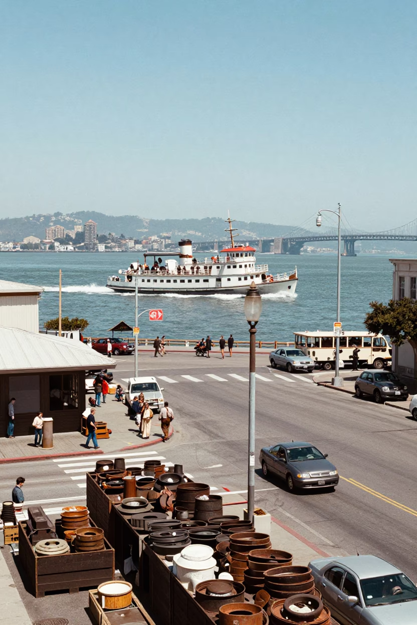 Vintage 1960s San Francisco Street Scene with Pilot Boat and Turnbuckle Detail in in San Francisco, California, United States