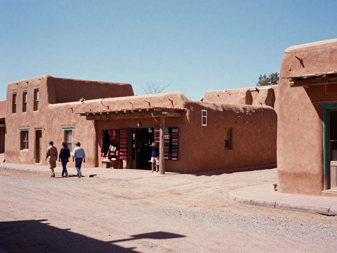 Vintage 1960s Santa Fe street scene with adobe architecture and local pedestrians in in Santa Fe, New Mexico, United States