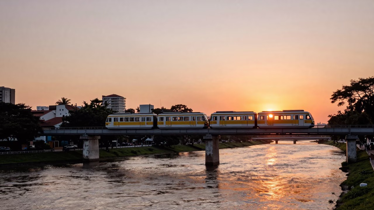 Vintage 1960s São Paulo Monorail Sweeping Over River at Sunset in in São Paulo, Brazil