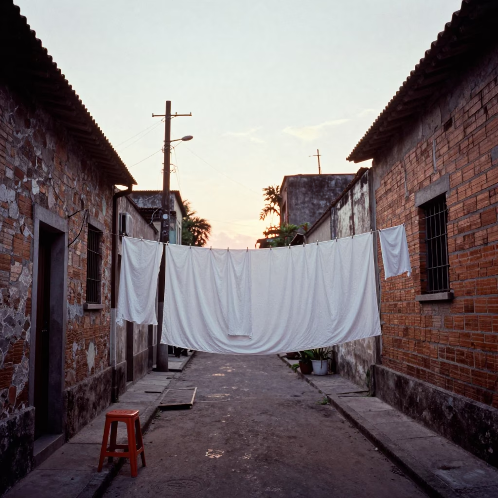 Vintage 1960s São Paulo Street Scene with Clothesline and Stool at Sunset in in São Paulo, Brazil