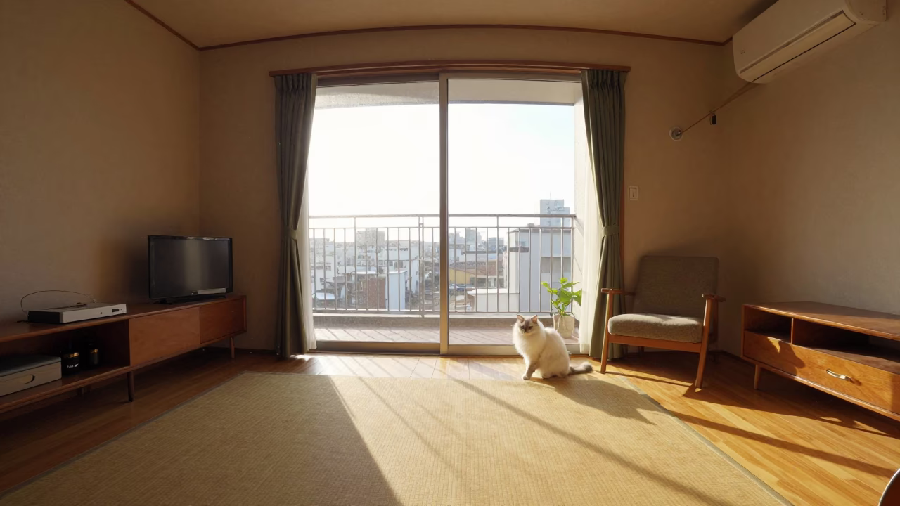 Vintage 1960s Sapporo Apartment Interior with LaPerm Cat and Guitar in in Sapporo, Japan