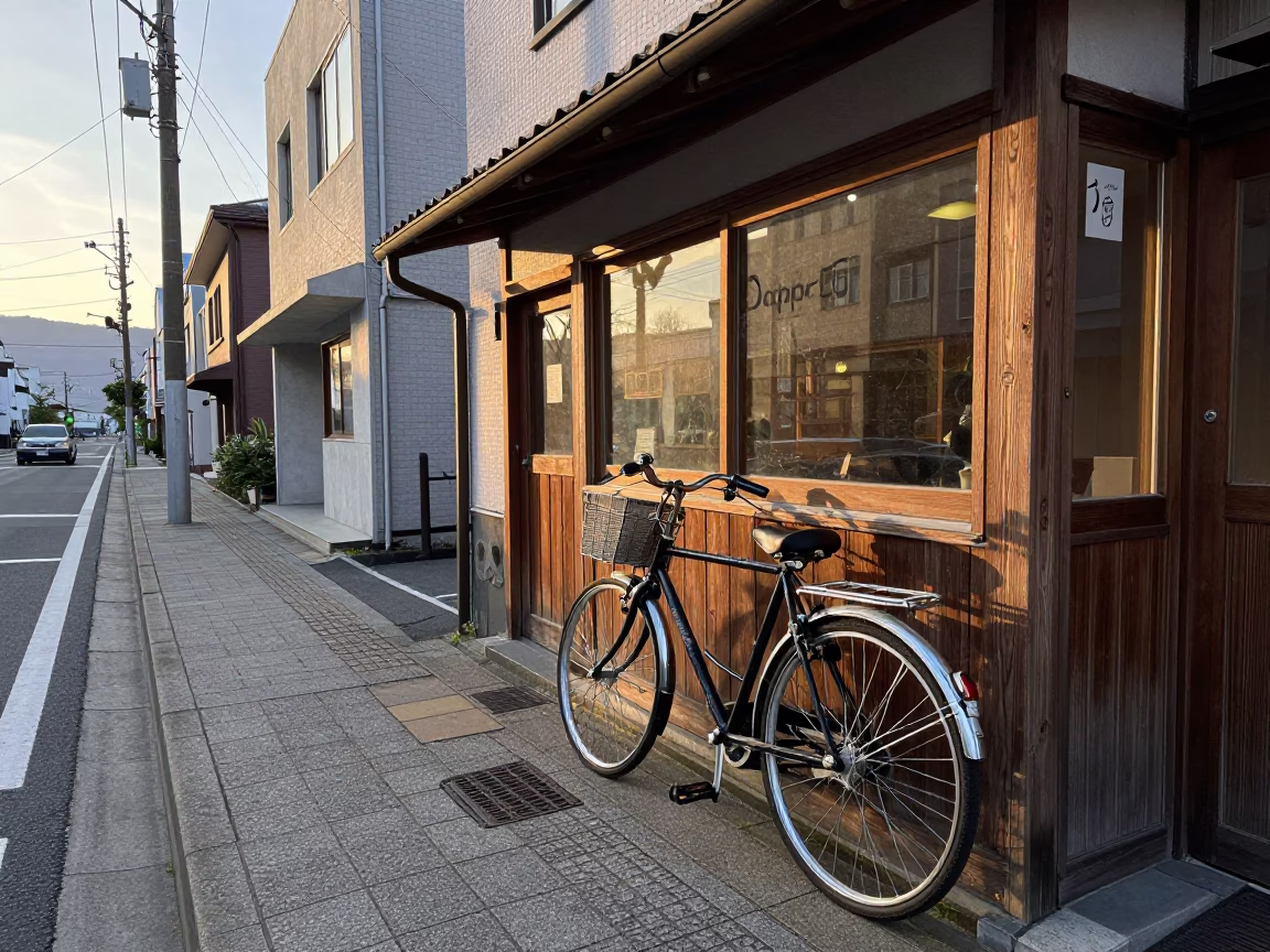 Vintage 1960s Sapporo Street Scene Bicycle Leaning Against Cafe After Sunrise in in Sapporo, Japan