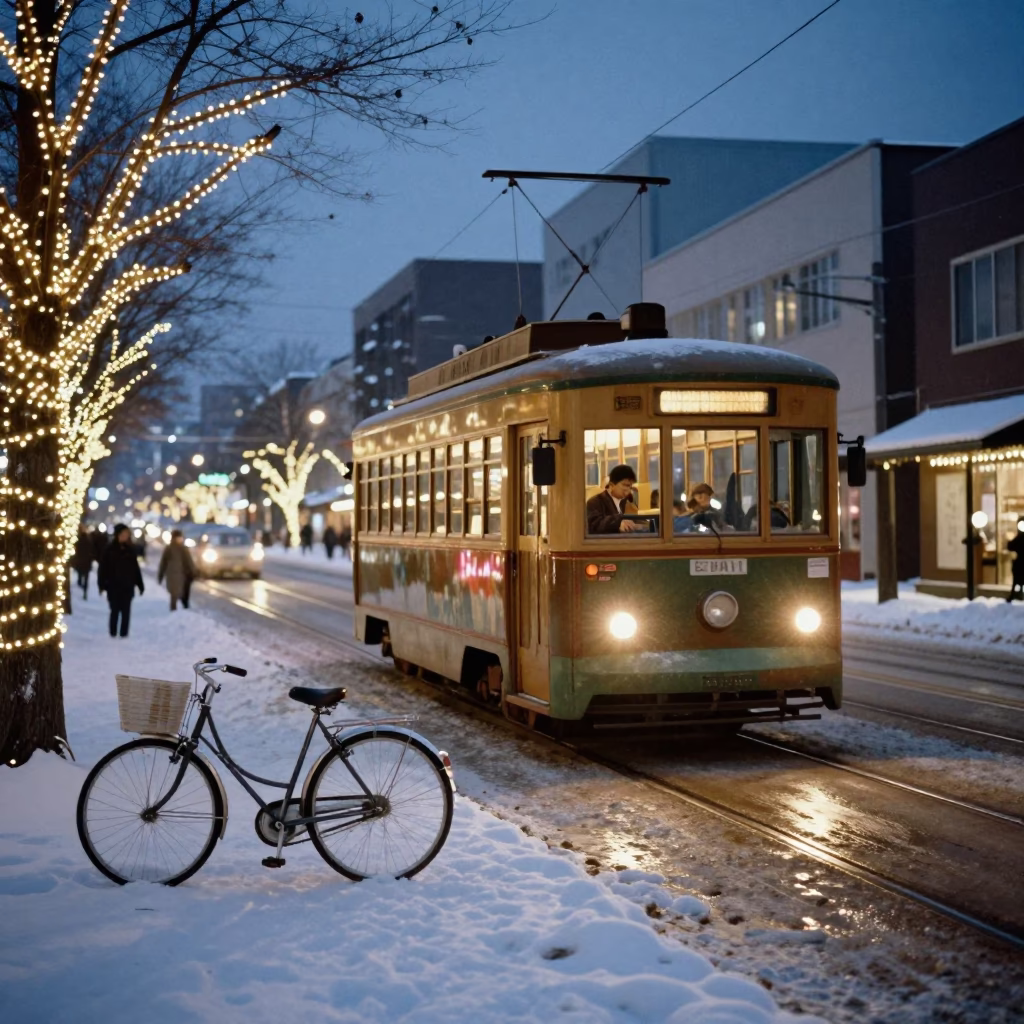 Vintage 1960s Sapporo Street Scene with Tramcar and Bicycle in Predawn Snow in in Sapporo, Japan