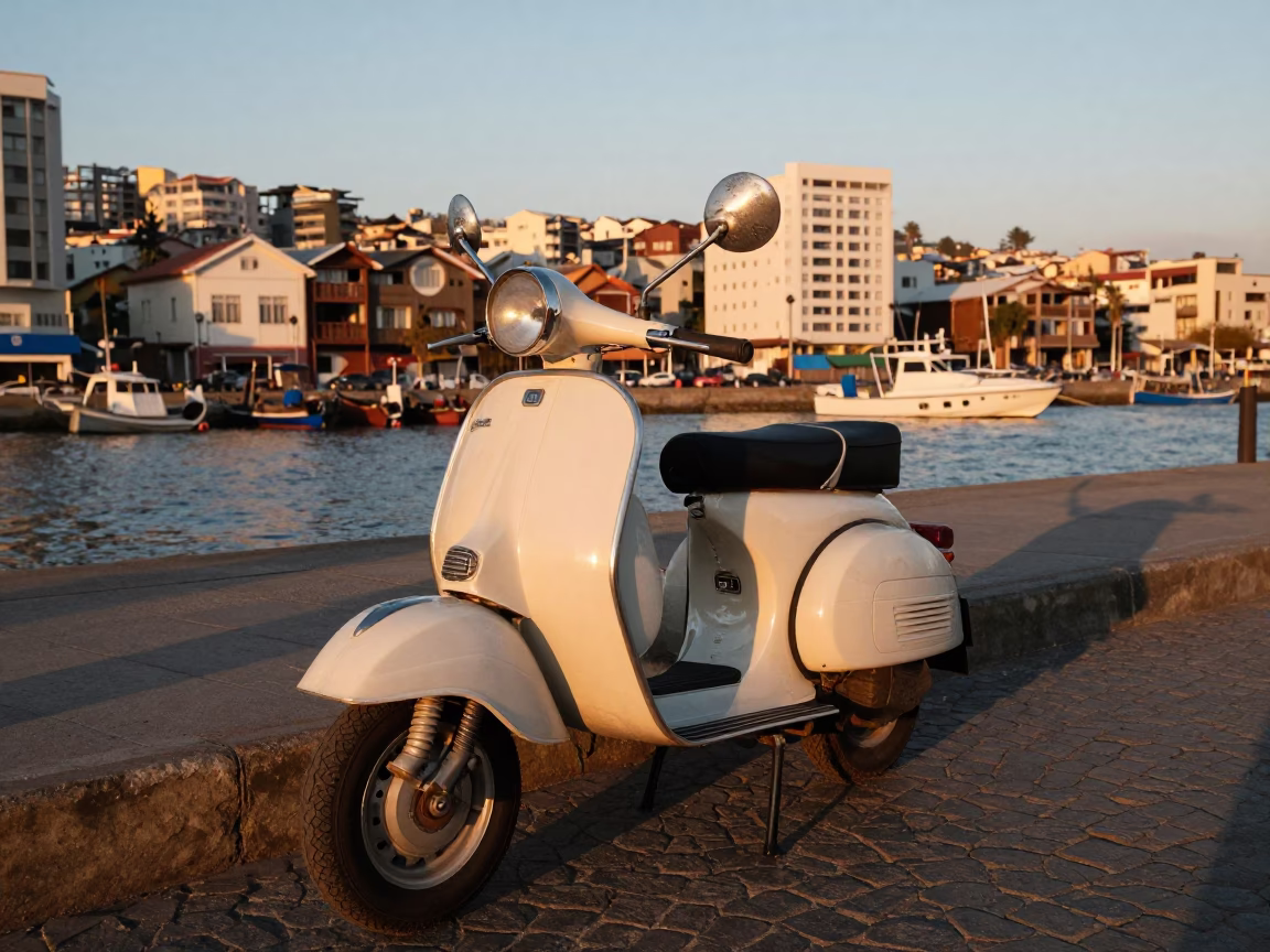 Vintage 1960s Scooter Parked on Valparaiso Chile Harbor Promenade in Honeyed Evening Light in in Valparaiso, Chile