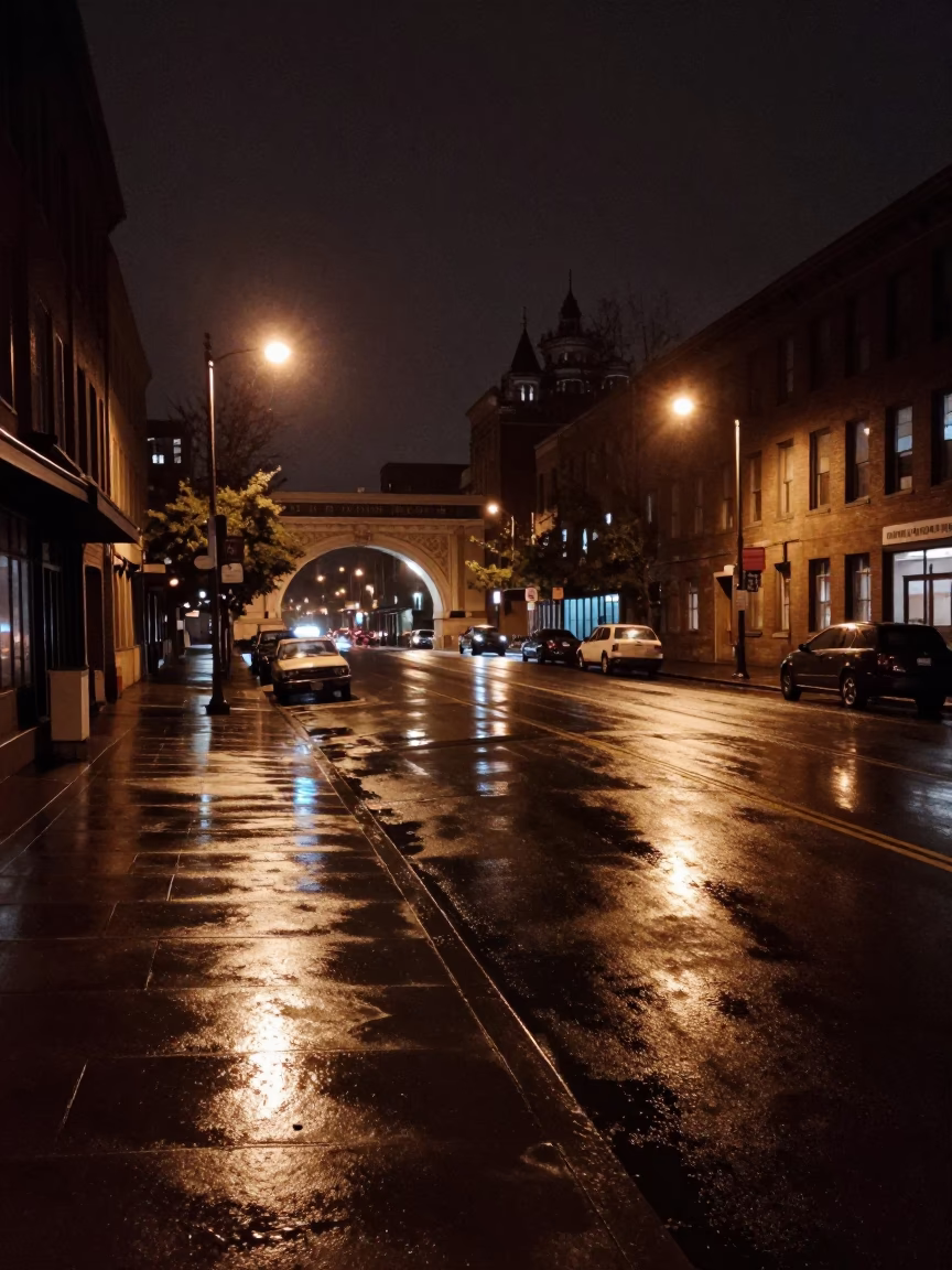 Vintage 1960s Seattle Night Street Scene with Wet Pavement and Bicycle Rack in in Seattle, Washington, United States