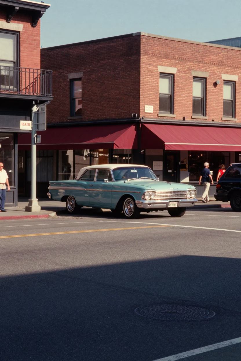 Vintage 1960s Seattle Street Scene with Classic Car and Local Shopfront in in Seattle, Washington, United States