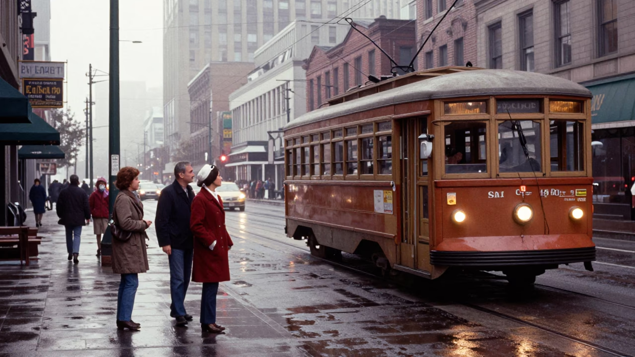 Vintage 1960s Seattle Street Scene with Heritage Tram and Early Morning Light in in Seattle, Washington, United States