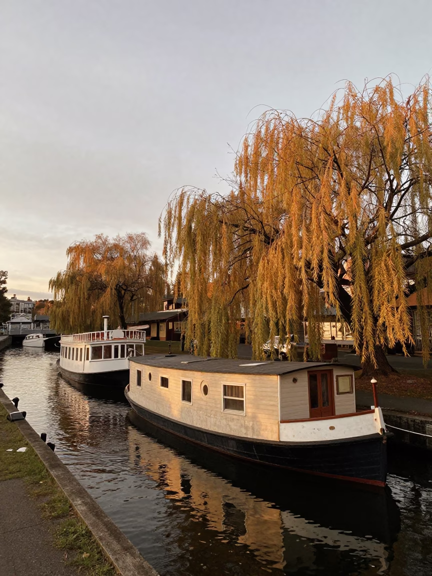 Vintage 1960s Seattle Street Scene with Houseboat and Willows at Dawn in in Seattle, Washington, United States