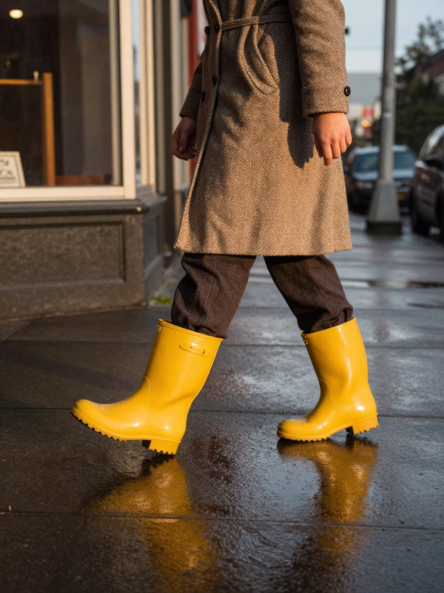 Vintage 1960s Seattle street scene with rain boots and bulldog in in Seattle, Washington, United States