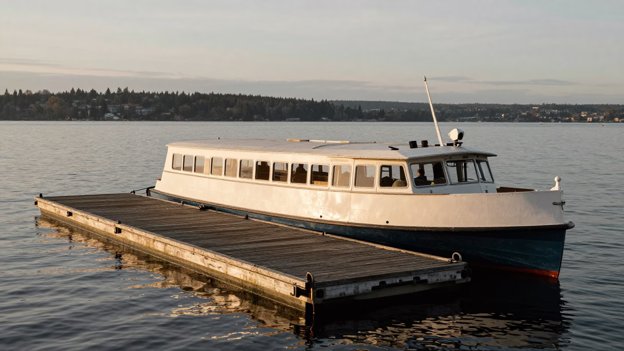 Vintage 1960s Seattle Water Taxi at Floating Dock During Early Morning Light in in Seattle, Washington, United States