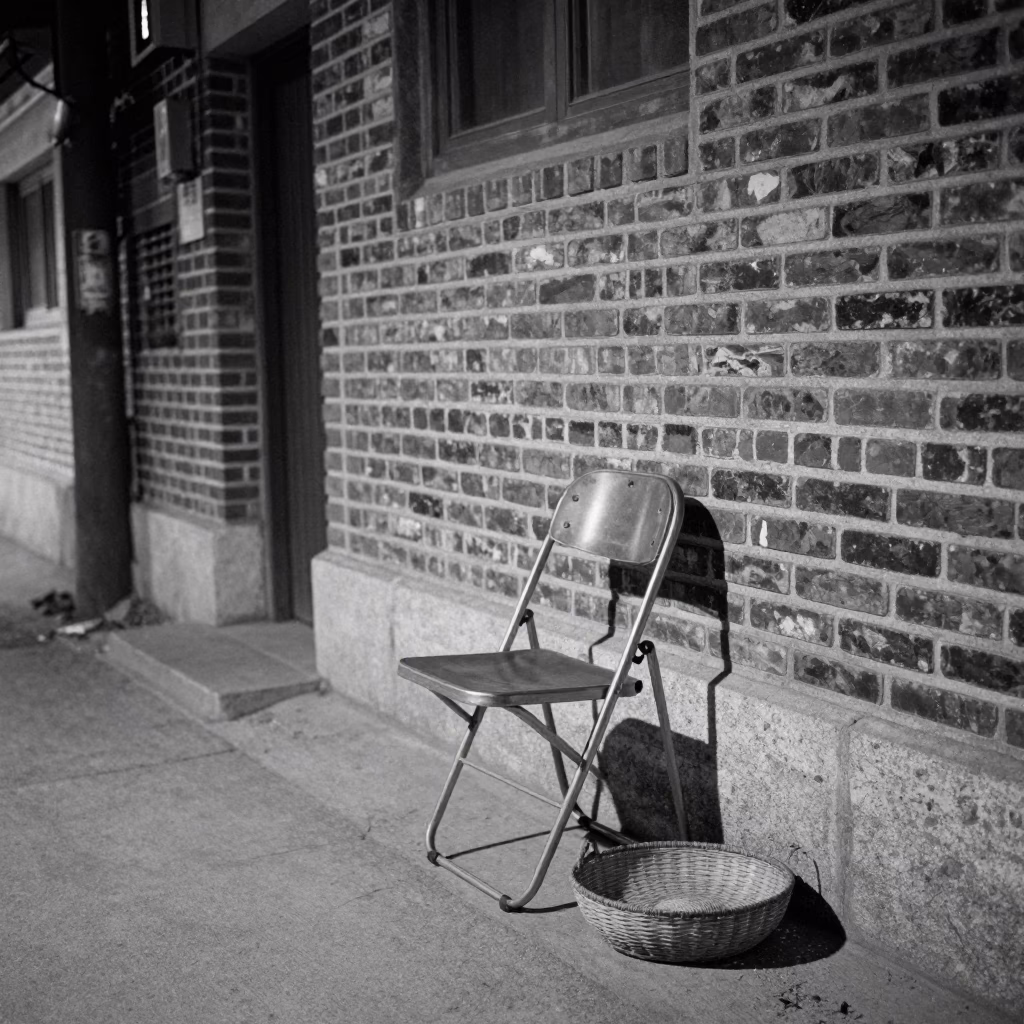 Vintage 1960s Seoul Night Street Scene with Folded Chair and Basket in in Seoul, South Korea