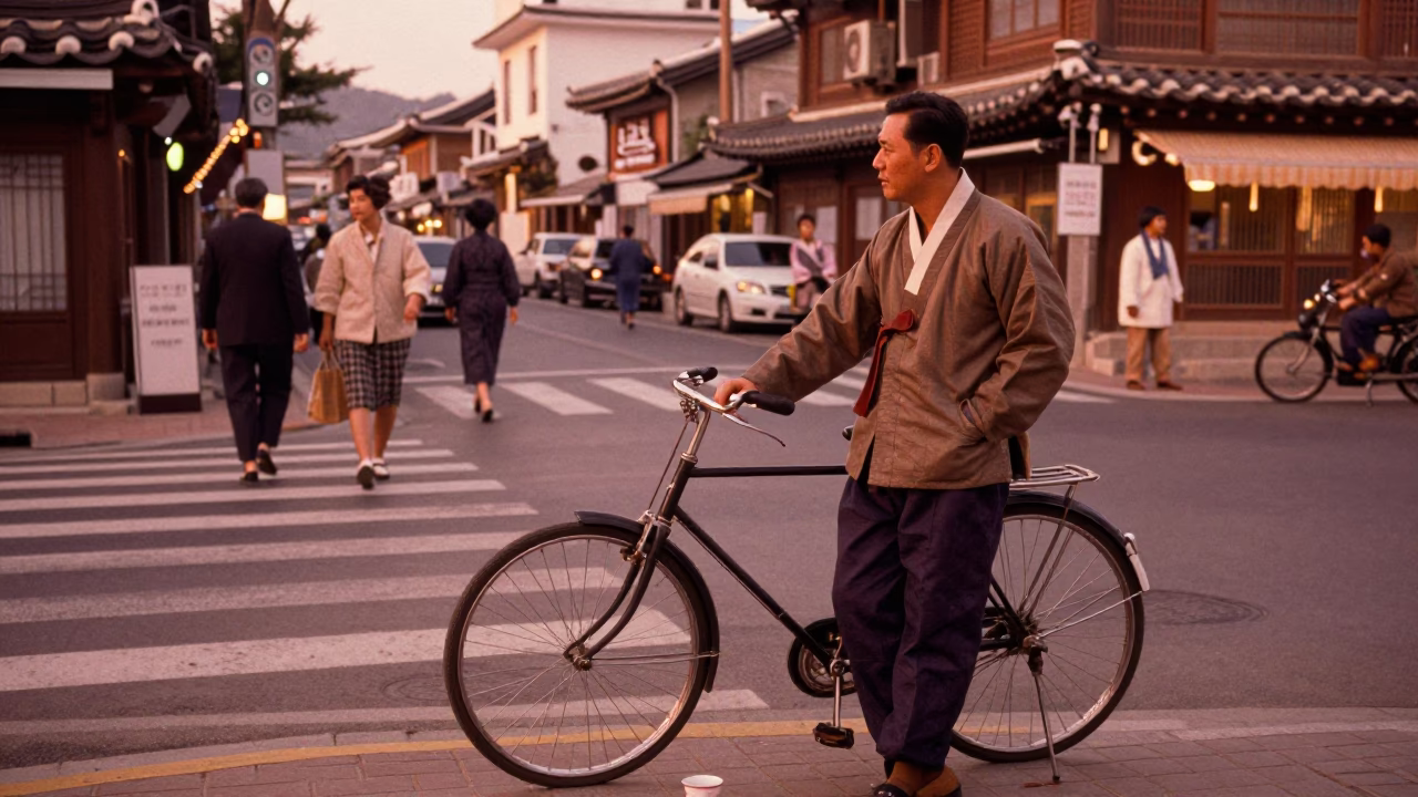 Vintage 1960s Seoul Street Scene with Bicycle and Tea Strainer in Copper Dusk Light in in Seoul, South Korea