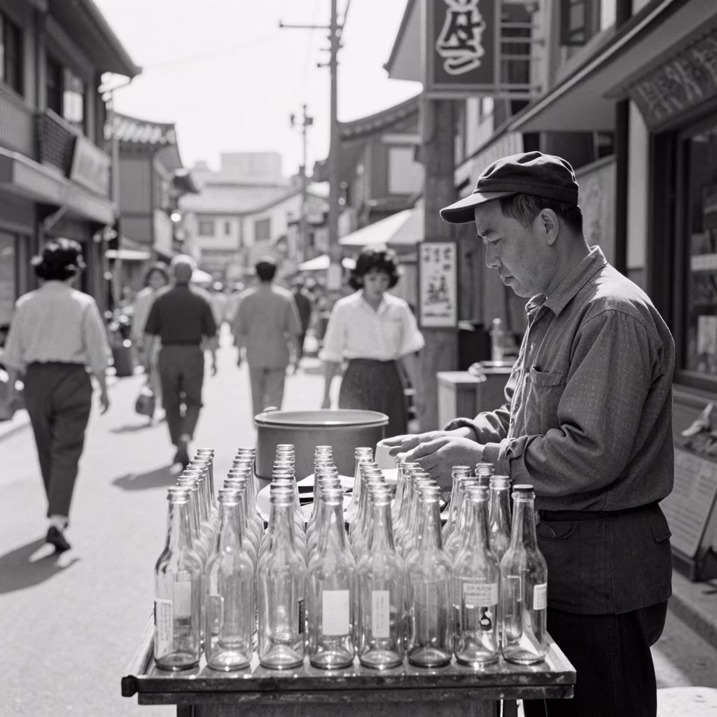 Vintage 1960s Seoul Street Scene with Glass Bottles and Traditional Market Activity in in Seoul, South Korea