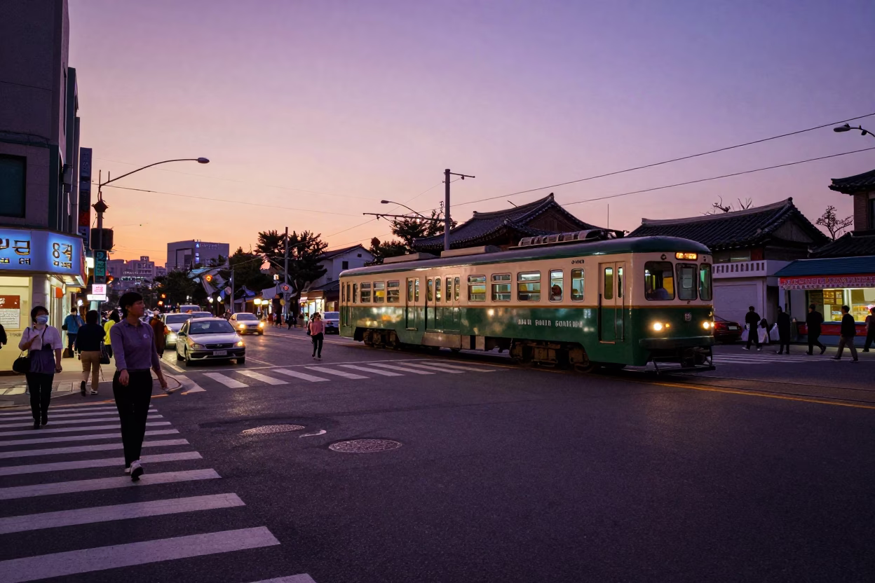 Vintage 1960s Seoul Street Scene with Metro Train at Sunset in in Seoul, South Korea