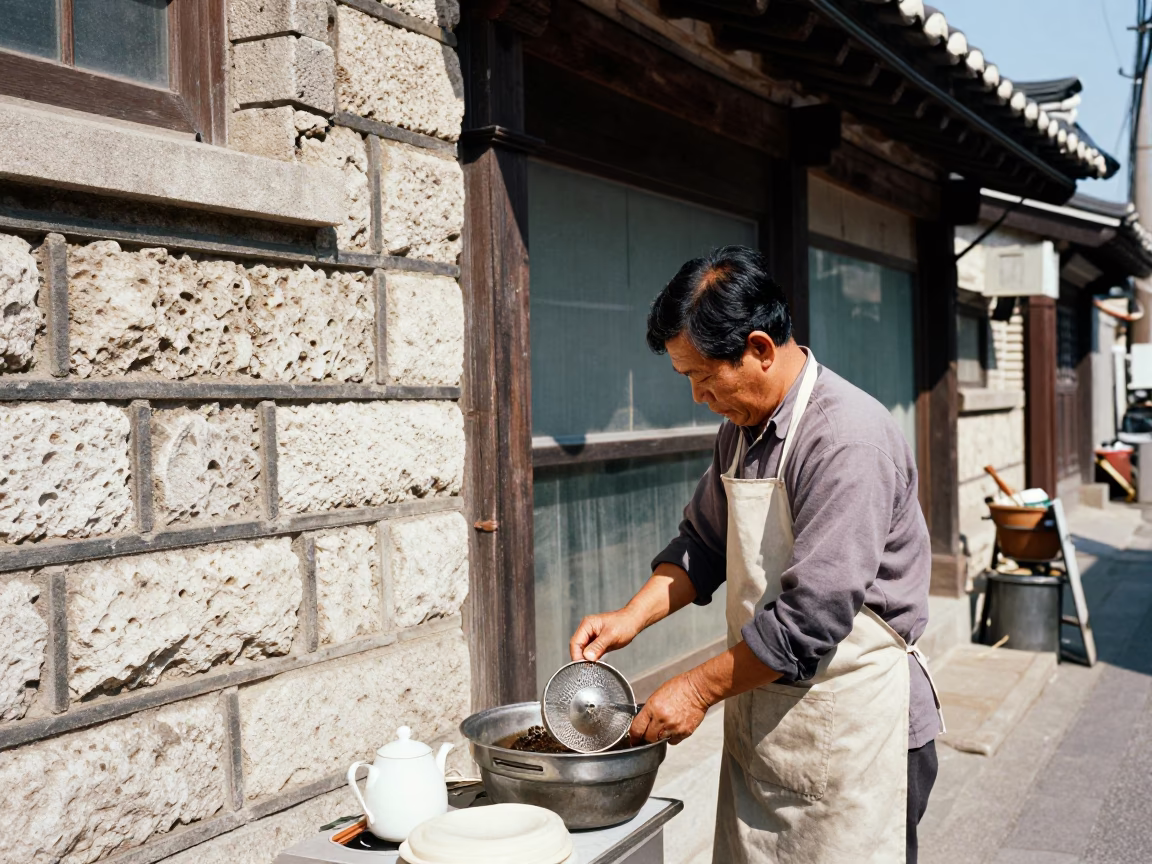 Vintage 1960s Seoul Street Scene with Tea Strainer and Stone Architecture in in Seoul, South Korea