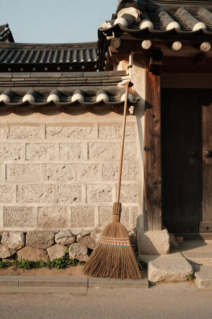Vintage 1960s Seoul Street Scene with Traditional Broom and Daily Urban Life in in Seoul, South Korea