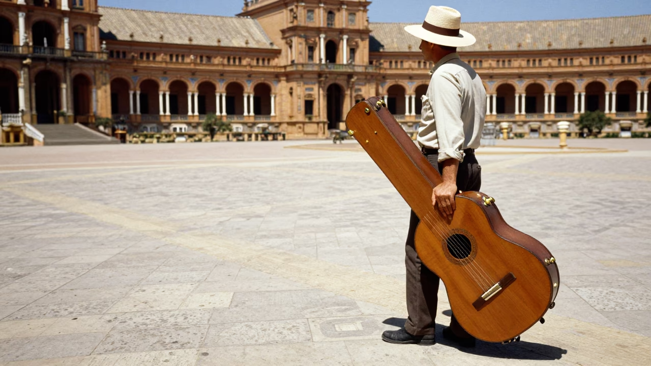 Vintage 1960s Seville street scene with classical guitar case and traditional Spanish architecture in in Seville, Spain