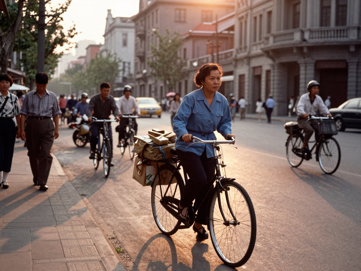 Vintage 1960s Shanghai street scene at sunset with bicycle traffic and traditional architecture in in Shanghai, China