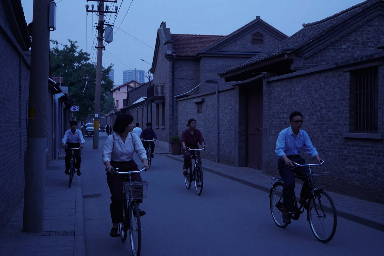 Vintage 1960s Shanghai Street Scene Before Dawn with Bicycles and Local Market Activity in in Shanghai, China