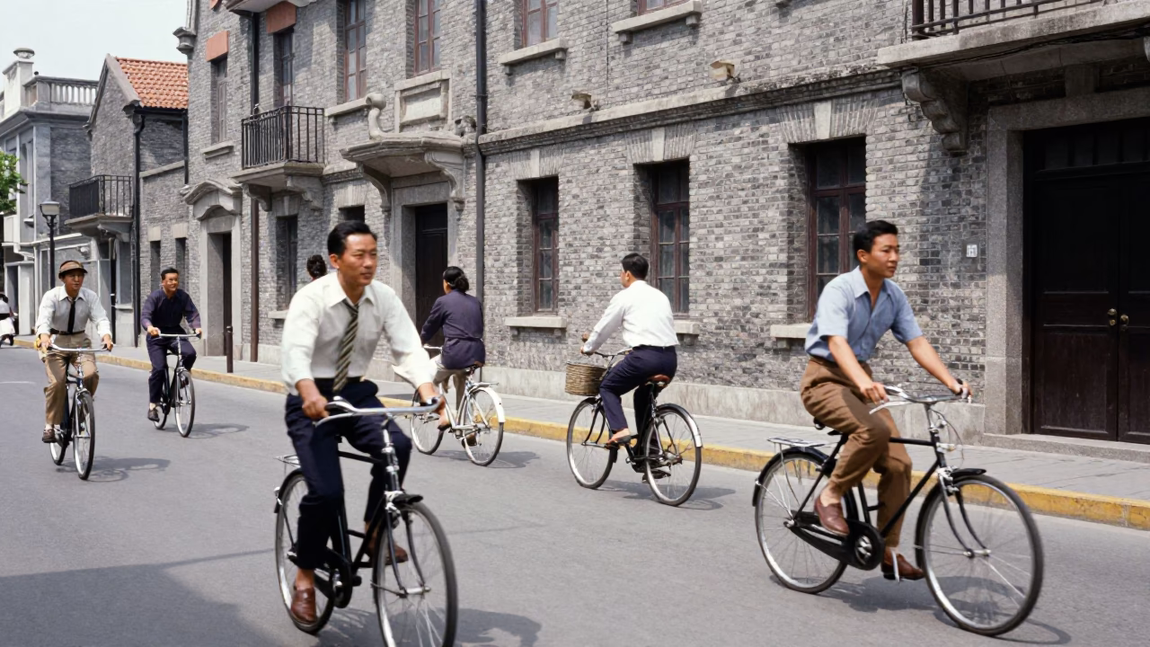 Vintage 1960s Shanghai street scene with bicycle riders and traditional architecture in in Shanghai, China