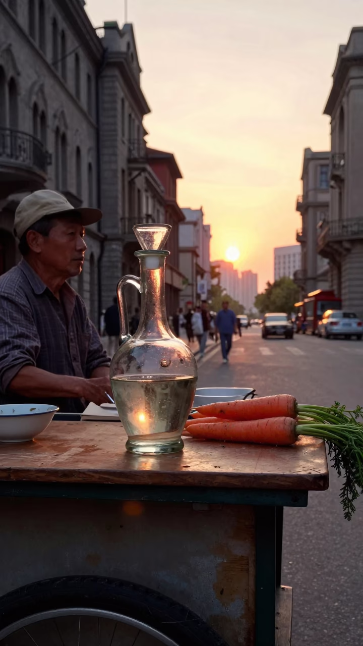 Vintage 1960s Shanghai Street Scene with Decanter and Carrots at Golden Hour in in Shanghai, China
