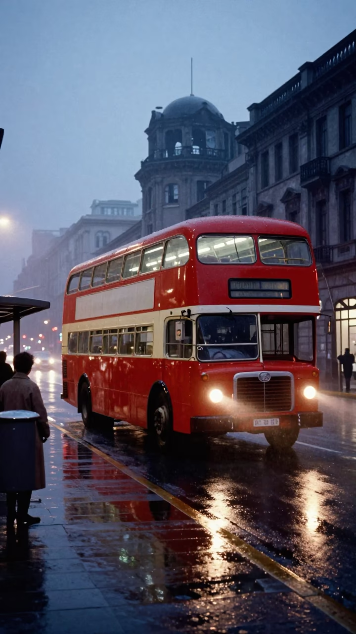 Vintage 1960s Shanghai Street Scene with Double-Decker Bus in Predawn Rain in in Shanghai, China