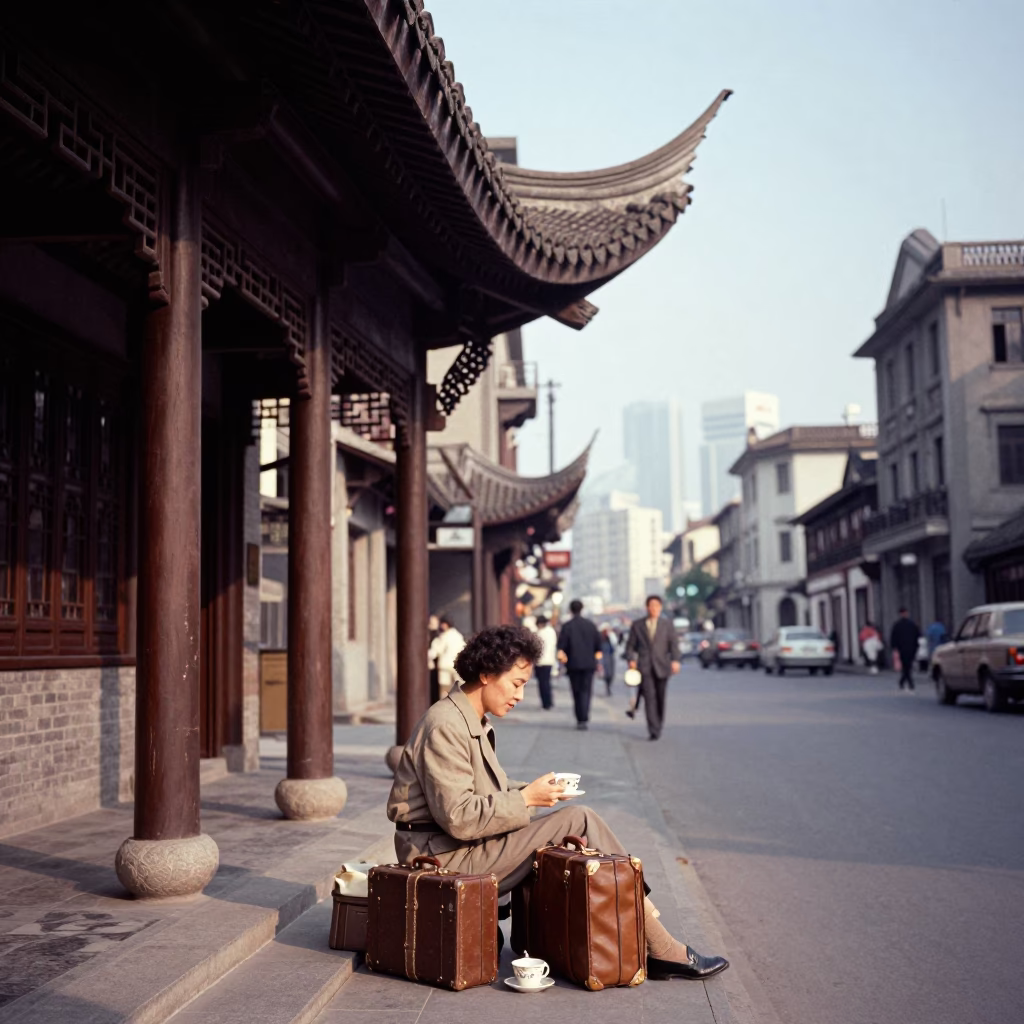 Vintage 1960s Shanghai Street Scene with Teacups and Luggage Near Traditional Architecture in in Shanghai, China