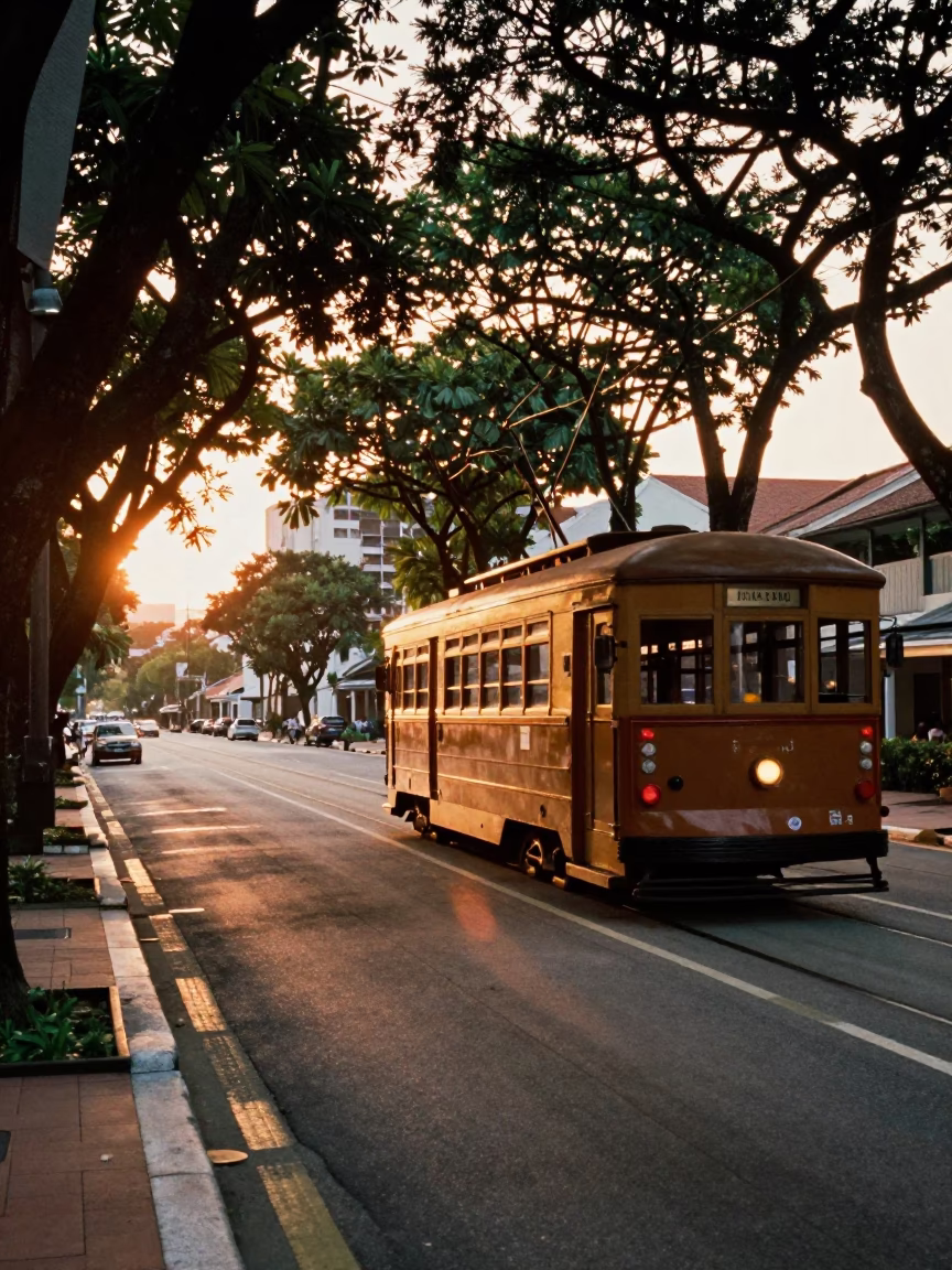 Vintage 1960s Singapore Street Scene at Sunset with Tramcar on Tree-Lined Boulevard in in Singapore, Singapore
