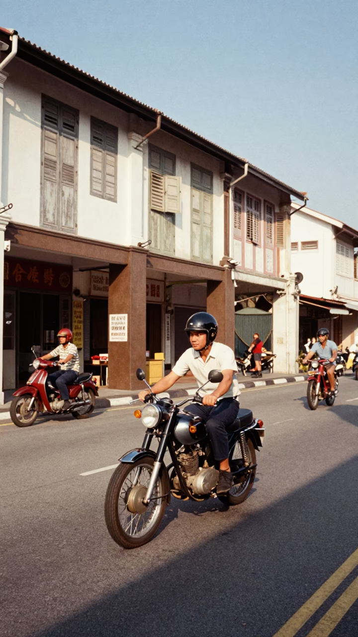 Vintage 1960s Singapore Street Scene with Motorcyclist and Shopfronts in in Singapore, Singapore