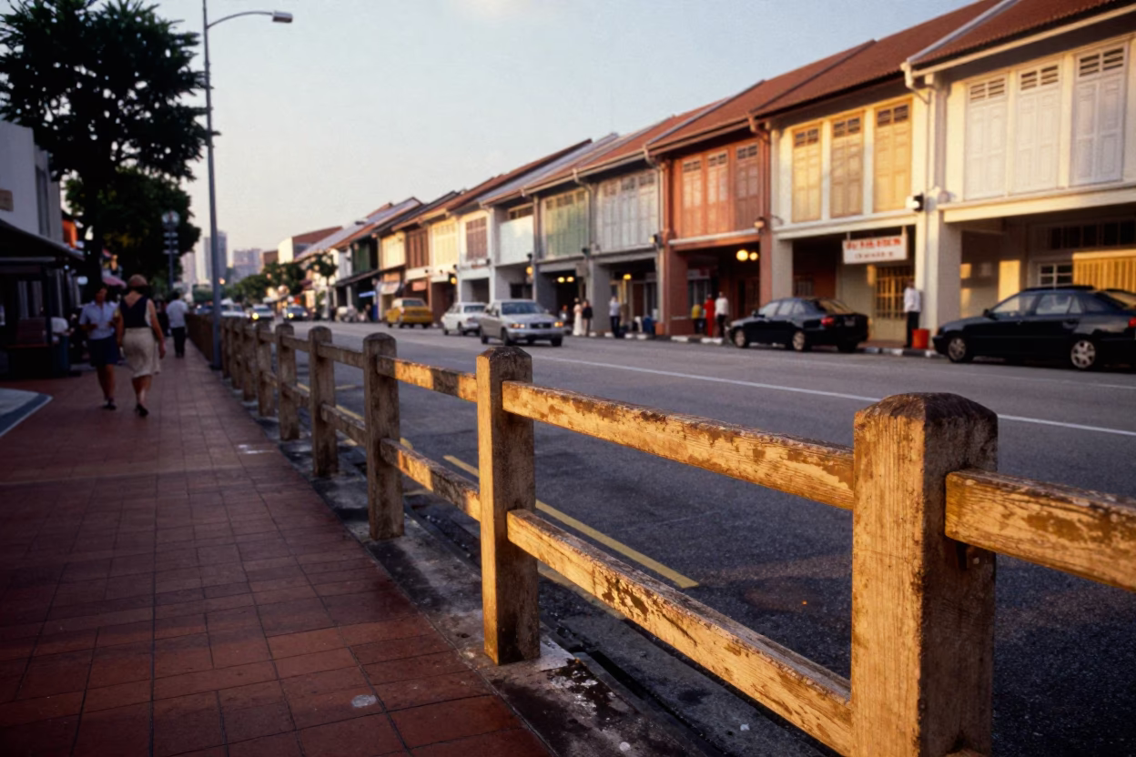 Vintage 1960s Singapore Street Scene with Peg Rail and Honeyed Evening Light in in Singapore, Singapore