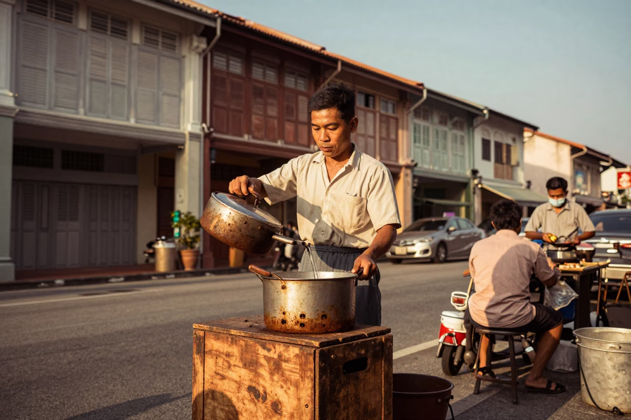 Vintage 1960s Singapore Street Scene with Saucepan and Rusty Sill in Honeyed Evening Light in in Singapore, Singapore