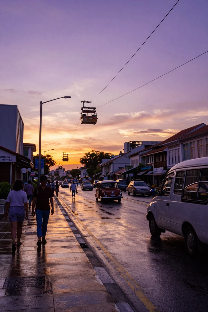Vintage 1960s Singapore Sunset Street Scene with Gondola Lift and Urban Life in in Singapore, Singapore