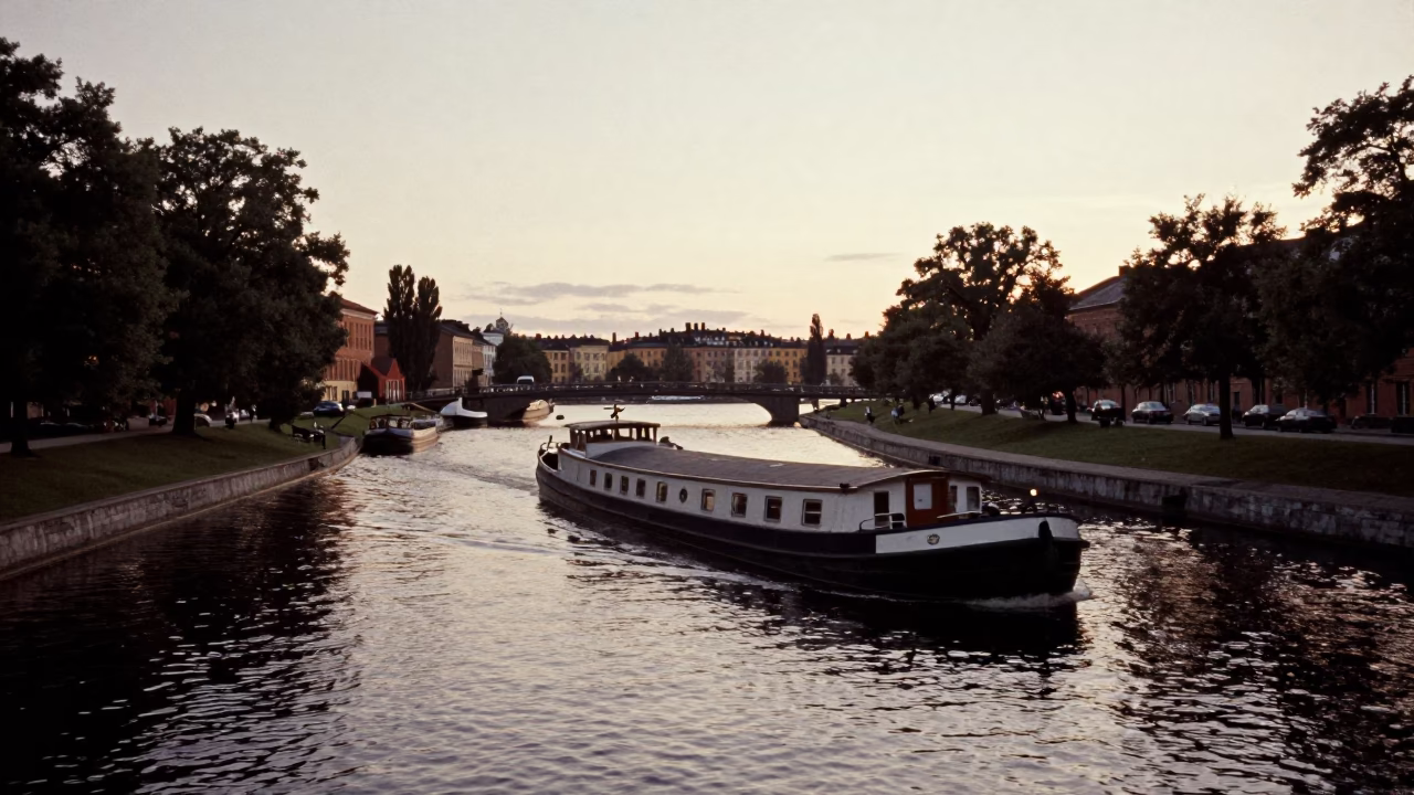 Vintage 1960s Stockholm Canal Scene with Barge and Evening Light in in Stockholm, Sweden