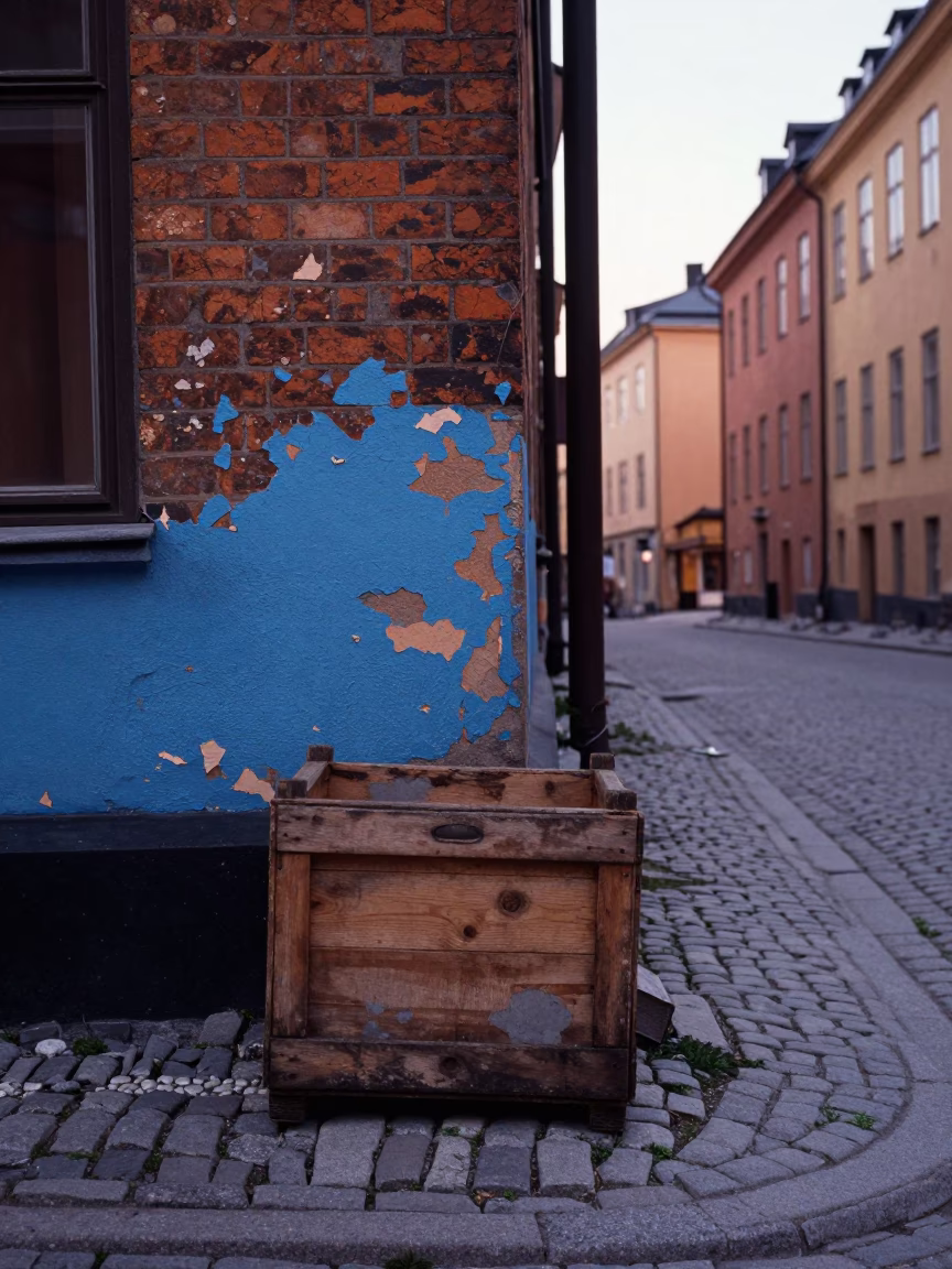 Vintage 1960s Stockholm Dawn Street Scene with Chipped Blue Enamel and Rust in in Stockholm, Sweden
