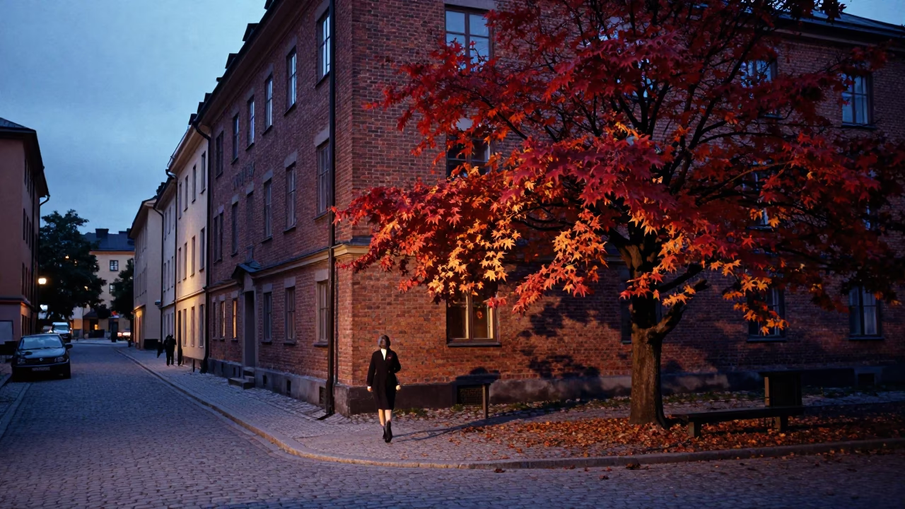 Vintage 1960s Stockholm Evening Street Scene with Japanese Maple and Classic Cars in in Stockholm, Sweden
